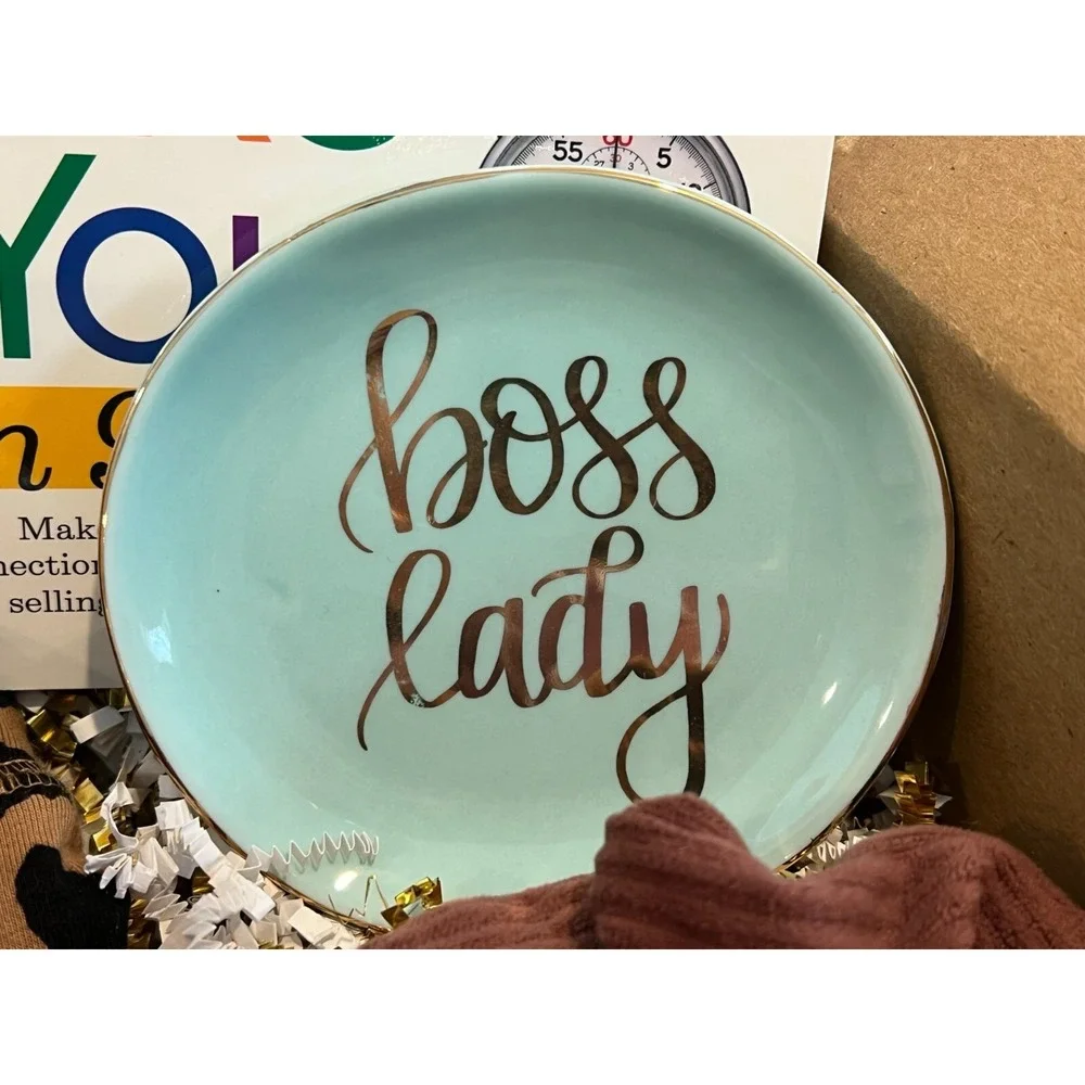 Boss Lady Jewelry Dish Trinket Mint Round Gold Ceramic Inspirational 4x4